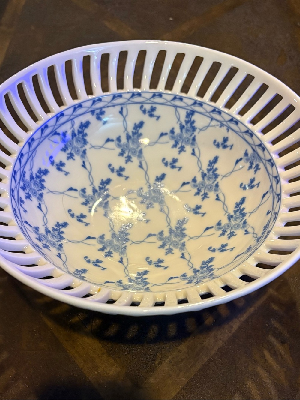 Skye McGhie Rose Brocade Fine Porcelain 9" Lattice Pedestal Bowl Blue White